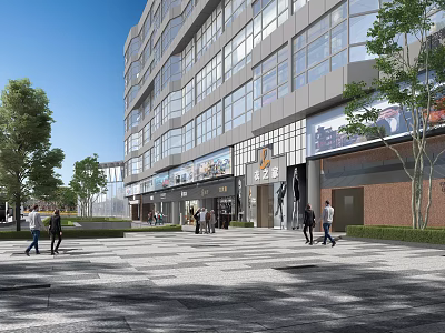 Modern Commercial Street With Glass Facade Buildings Shops Trees And Pedestrians In Sunny Plaza 3d model