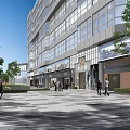 Modern Commercial Street With Glass Facade Buildings Shops Trees And Pedestrians In Sunny Plaza