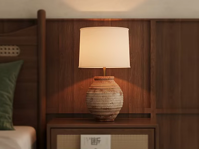 Ceramic Striped Table Lamp With White Lampshade On Wooden Nightstand In Bedroom 3d model