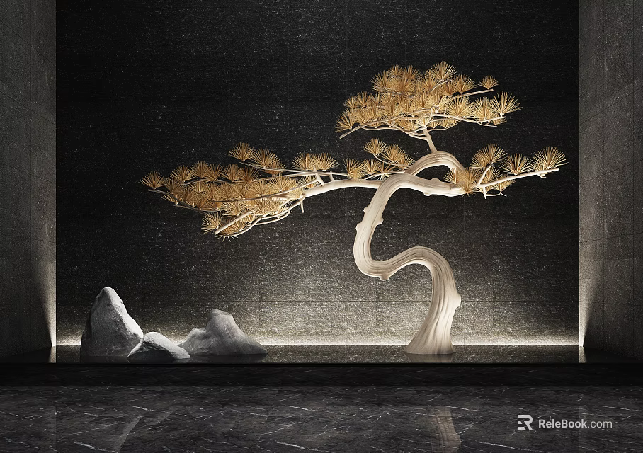 Decorative Golden Pine Tree Garden Ornament with Stones in Modern Dark Backdrop Setting 3d model 