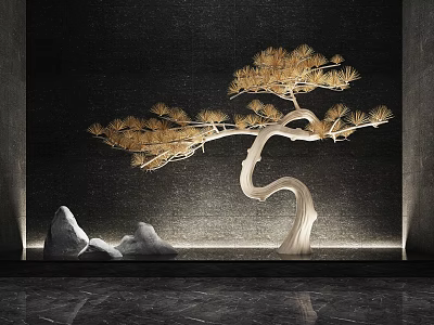 Decorative Golden Pine Tree Garden Ornament with Stones in Modern Dark Backdrop Setting 3d model