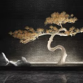 Decorative Golden Pine Tree Garden Ornament with Stones in Modern Dark Backdrop Setting