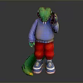 Cartoon Green Crocodile Wearing Blue Sweater Red Pants And Blue Sneakers Holding Black Phone