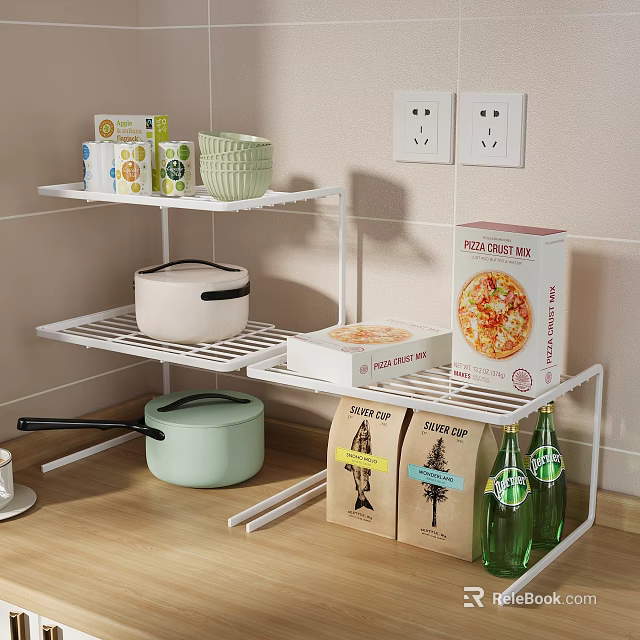White Multi Tiered Kitchen Shelf With Cookware Pizza Box And Green Bottles 3d model 