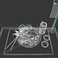 Japanese Food Platter With Steamed Buns Sliced Meat Eggs Sauces Chopsticks Drink Can And Sign