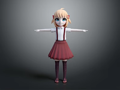 Anime Style Girl Character Blonde Twintails Blue Eyes Red Overall Skirt Arms Outstretched Gray Background 3d model