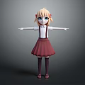 Anime Style Girl Character Blonde Twintails Blue Eyes Red Overall Skirt Arms Outstretched Gray Background