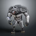 Muscular Ferocious Gray Fur Werewolf Creature Character 3D Model With Sharp Claws And Fangs