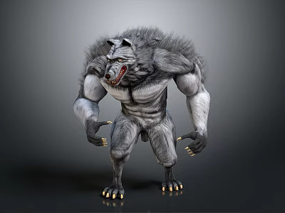 Muscular Ferocious Gray Fur Werewolf Creature Character 3D Model With Sharp Claws And Fangs 3d model