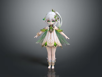 Fantasy Elven Character With White Hair Green Eyes Translucent Wings And Decorative Green Dress 3d model