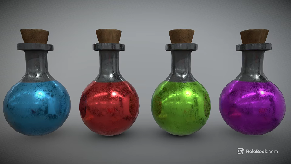 Four Glass Bottles With Wooden Corks Containing Blue Red Green Purple Colored Liquids 3d model 