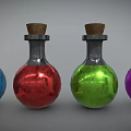 Four Glass Bottles With Wooden Corks Containing Blue Red Green Purple Colored Liquids