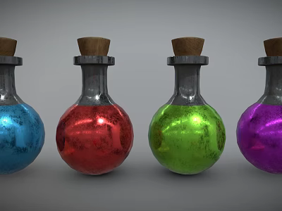 Four Glass Bottles With Wooden Corks Containing Blue Red Green Purple Colored Liquids 3d model