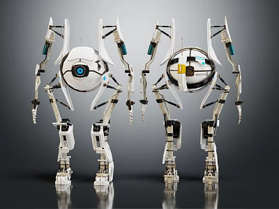 Futuristic Robotic Characters With Spherical Heads Mechanical Arms Leg Structures And White Black Color 3d model