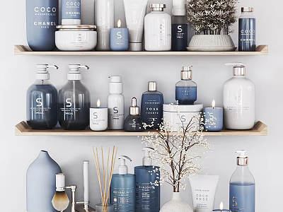 Stylish Modern Bathroom Accessories Display On Wooden Shelf Featuring Blue White Bottles Candles And Containers 3d model