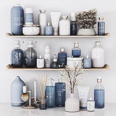 Stylish Modern Bathroom Accessories Display On Wooden Shelf Featuring Blue White Bottles Candles And Containers 3d model