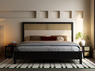 Modern Bedroom Interior With Black Woven Headboard Decorative Pillows Nightstands Recessed Niches And Geometric Rug 3d model