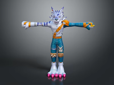 Anthropomorphic Wolf Character With Blue White Fur Blue Pants Skull Design Pink Claws Arms Outstretched 3d model