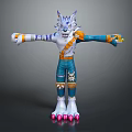 Anthropomorphic Wolf Character With Blue White Fur Blue Pants Skull Design Pink Claws Arms Outstretched