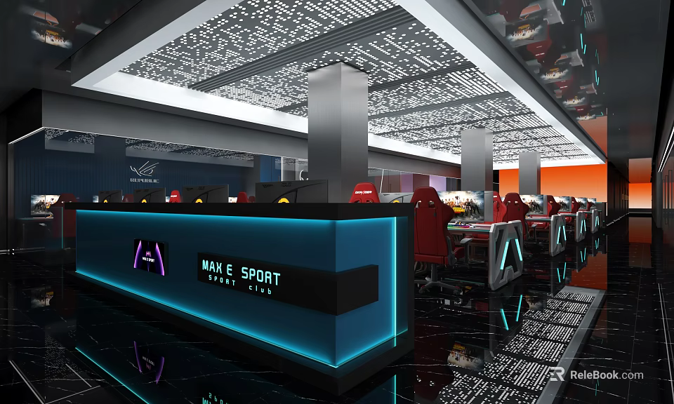 Modern Gaming Cafe Interior With Reception Desk And Red Gaming Chairs 3d model 