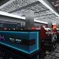 Modern Gaming Cafe Interior With Reception Desk And Red Gaming Chairs