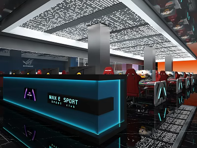 Modern Gaming Cafe Interior With Reception Desk And Red Gaming Chairs 3d model