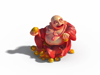 Traditional Laughing Buddha Sculpture in Red Robe Holding Gold Ingots Surrounded by Gold Coins 3d model