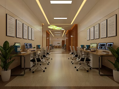 Modern Office Workspace With Computers Desks Chairs Potted Plants And Documents On Walls 3d model