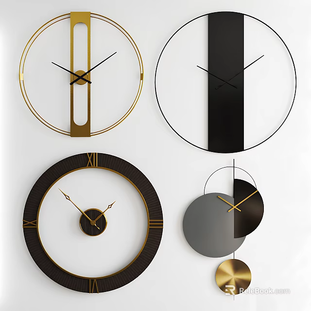 Stylish Wall Clocks With Minimalist Metallic And Roman Numeral Designs 3d model 