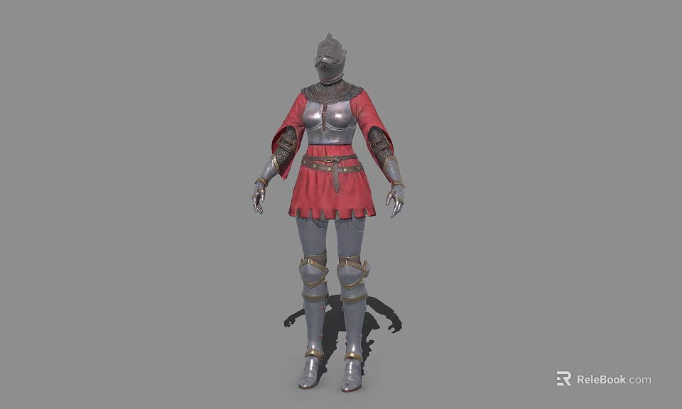 Medieval Game Film Character Wearing Metallic Armor Red Robe Helmet Chest Plate And Leg Guards 3d model 