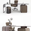 Modern Office Desk Setup With Ergonomic Chair Table Lamp And Decorative Stool