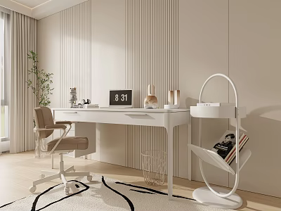 Modern Study Room Interior Design With White Desk Office Chair Bookshelf Clock And Green Plant 3d model