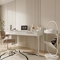 Modern Study Room Interior Design With White Desk Office Chair Bookshelf Clock And Green Plant