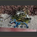Vibrant Dinosaur Scene With Blue Dinosaur Yellow Fin Open Mouth Green Plants Gravel Ground
