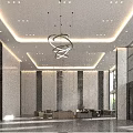 Elegant Bright Luxury Marble Company Reception Lobby With Comfortable Lounge Seating And Artistic Chandelier
