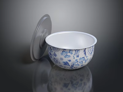 Ceramic Bowl with Blue and White Floral Pattern and Gray Lid on Black Shiny Surface 3d model