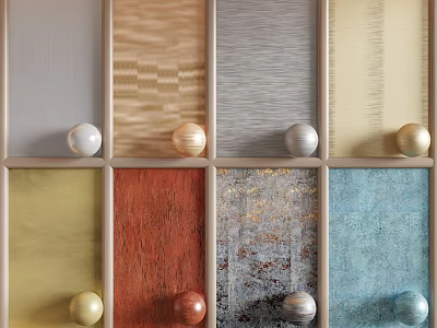 Multiple Colored Interior Wall Panels With Various Textures And Metallic Decorative Balls 3d model