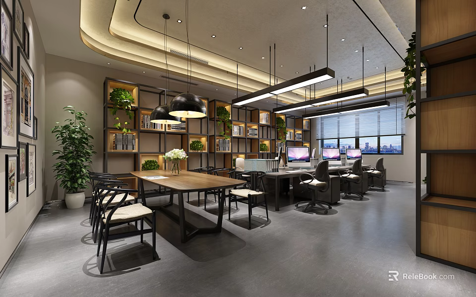 Modern Public Office Space Featuring Open Layout Bookshelves Green Plants Hanging Lights And Ergonomic Chairs 3d model 