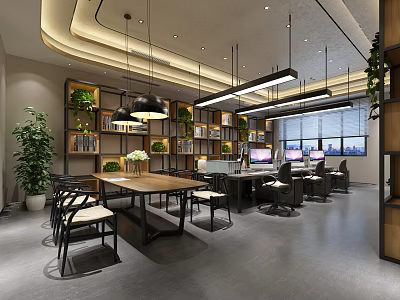 Modern Public Office Space Featuring Open Layout Bookshelves Green Plants Hanging Lights And Ergonomic Chairs 3d model