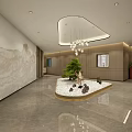 Modern Hotel Corridor Interior With Hanging Chandelier Potted Pine Tree And Marble Floor