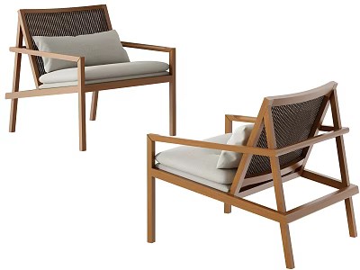 Modern Wooden Frame Lounge Chair With Rattan Back And Comfortable Seat Cushion 3d model