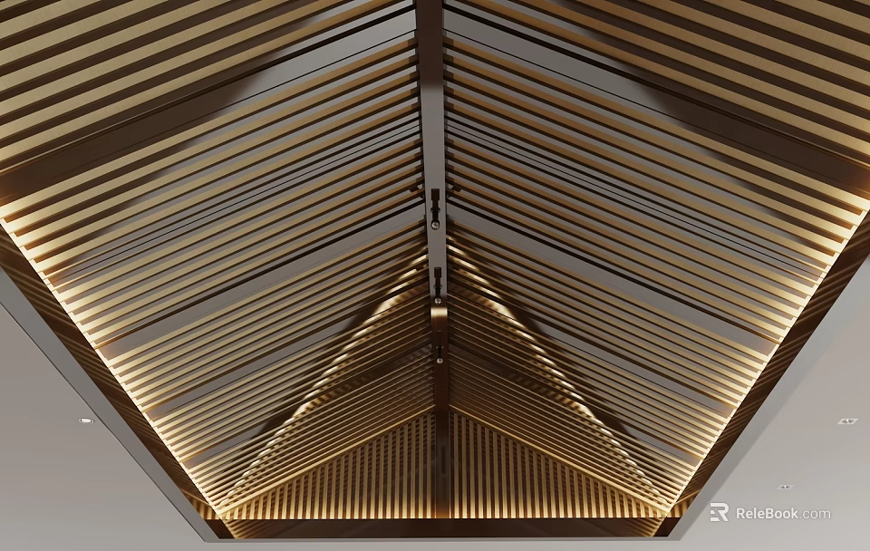 Elegant Modern Ceiling with Geometric Wooden Slats and Layered Lighting Structure 3d model