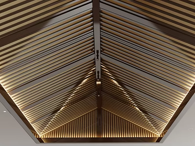Elegant Modern Ceiling with Geometric Wooden Slats and Layered Lighting Structure 3d model