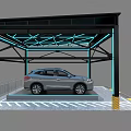 SUV Car Parked Under Covered Illuminated Carport With Blue Accent And Yellow Gray Floor
