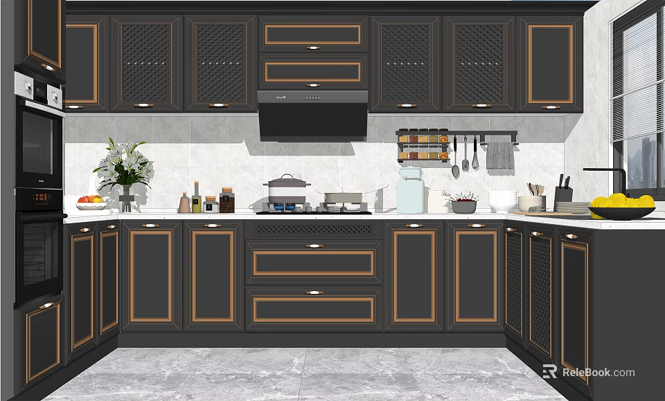Dark Modern Kitchen Cabinets With Wooden Trim Countertop Appliances And Utensils 3d model 