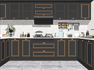 Dark Modern Kitchen Cabinets With Wooden Trim Countertop Appliances And Utensils 3d model