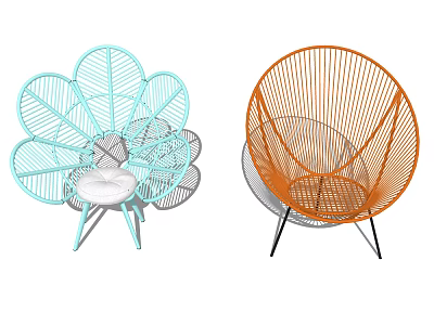 Modern Woven Leisure Chairs in Light Blue and Orange with Petal Design and White Cushion 3d model