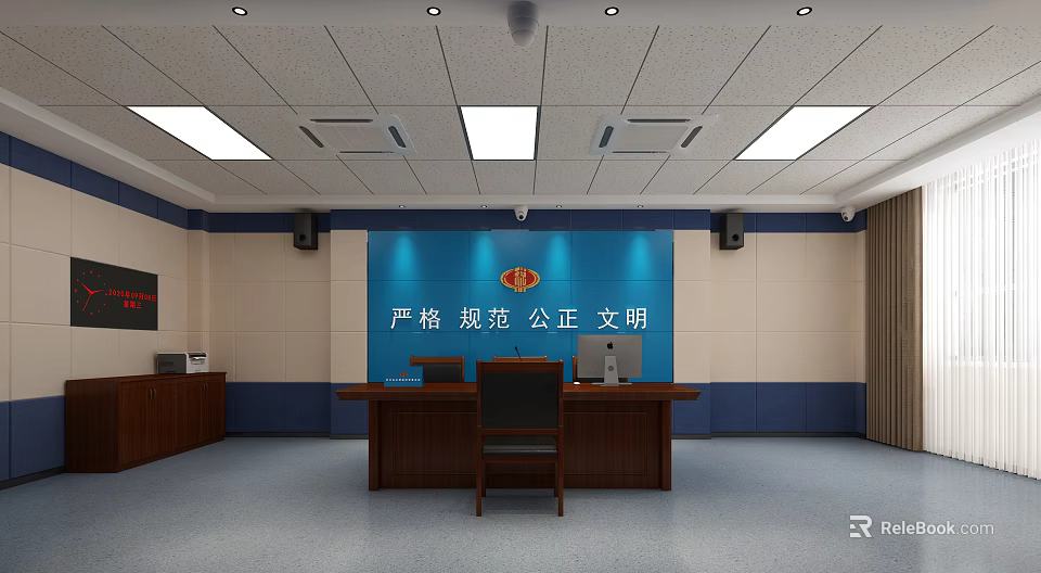 Official Office Interior With Blue Wall Slogan Wooden Desk Computer Chair And Cabinet 3d model 