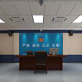 Official Office Interior With Blue Wall Slogan Wooden Desk Computer Chair And Cabinet