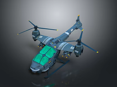 Modern Military Drone With Green Cockpit Canopy Gray Body Multiple Rotors And Yellow Accents 3d model
